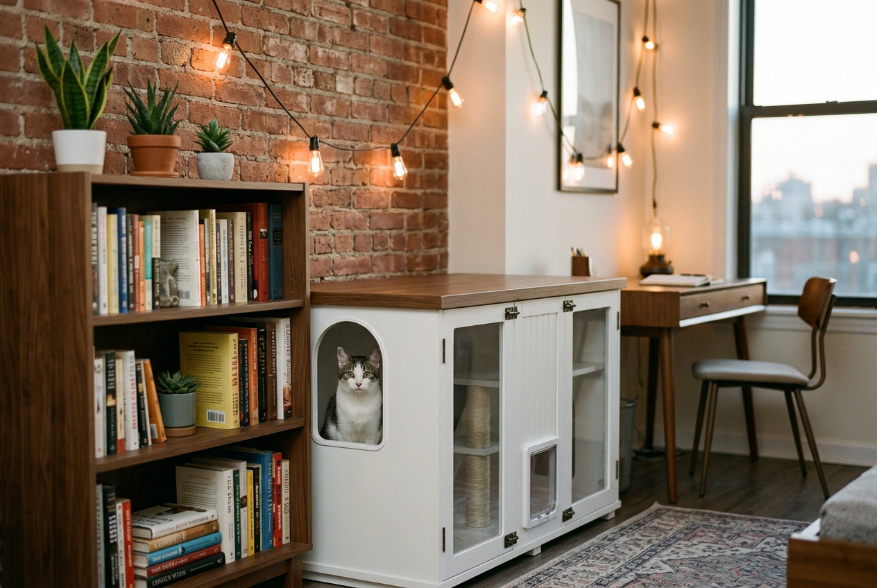 The Den in an urban apartment with exposed brick and string lights