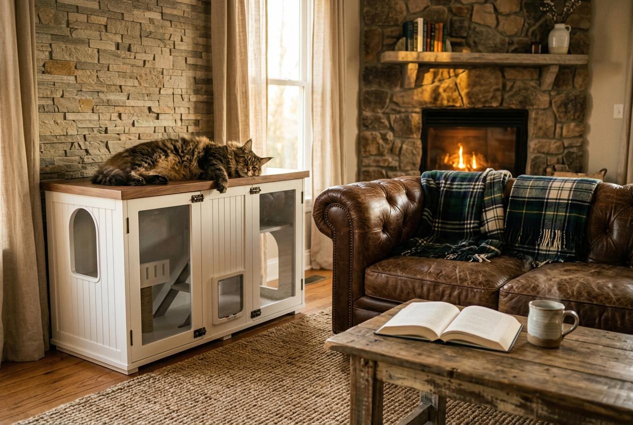 The Den beside a stone fireplace with a Maine Coon resting on top