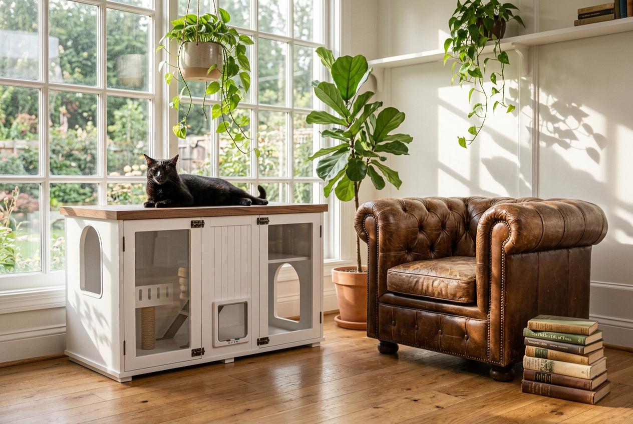 The Den in a sunny reading nook with a black cat lounging nearby